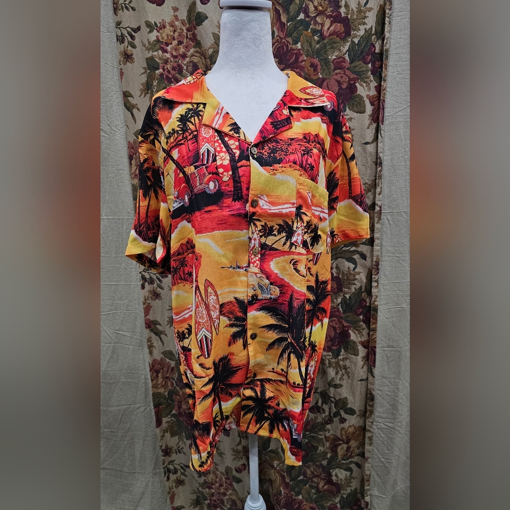 Misslook Hawaiian Shirt Aloha Shirt Surfing Island Sunset Button Down Size Lg